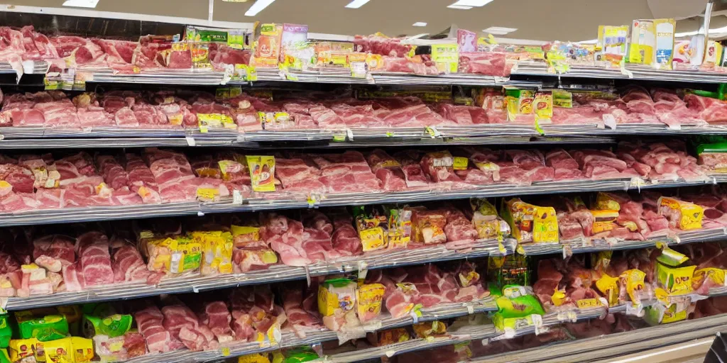 Image similar to inside a supermarket, fridges with ham