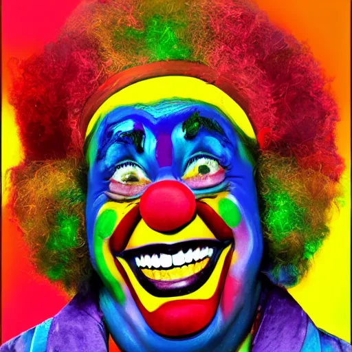 Prompt: Portrait of a colorful happy joyful clown