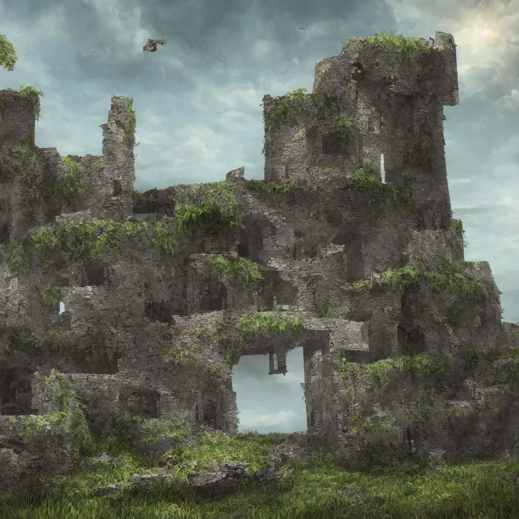 Image similar to looking up at a ruined castle on a small island only reachable by a small land bridge, 8 k, ultra realistic cinematic, intricate, cinematic light, concept art, illustration, art station