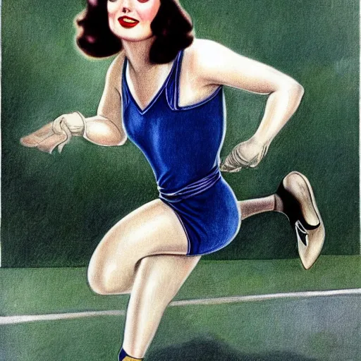 Image similar to a 1 9 2 0 s ultra - realistic color portrait. happy, healthy, beautiful, smiling, young, sporty, blonde, blue - eyed symmetric hedy lamarr in decent athletic wear. hyper - realistic detailed drawing