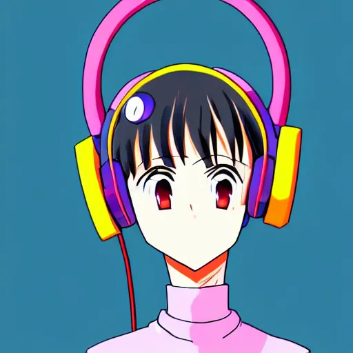 Image similar to An anime character's head wearing retro headphones. 90s anime, Sailor Moon, Neon Genesis, official art, flat cell shading, fantastic screenshot art, trending on artstation, muted nostalgic colors