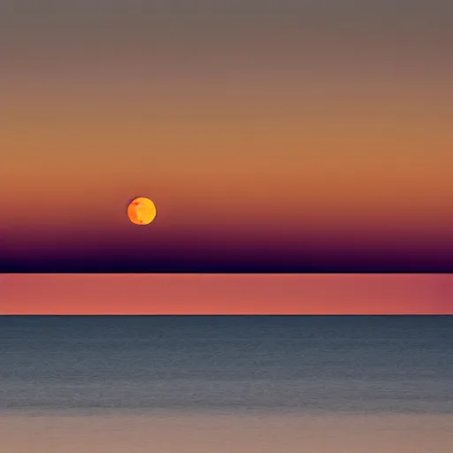 Image similar to orange full moon rising over the lake horizon at night, photograph, iso 1 0 0 0