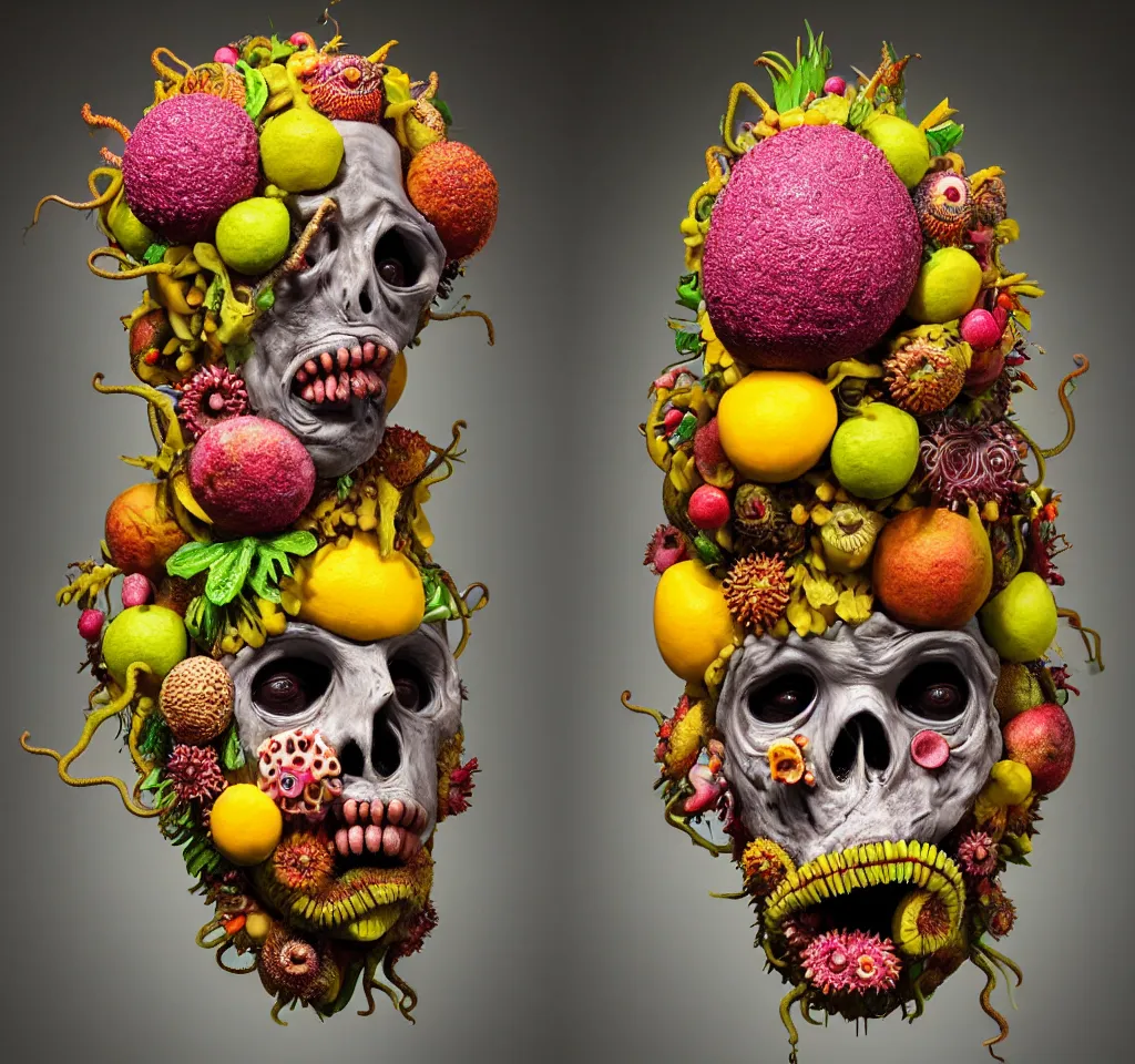 Prompt: headshot of a trickster nature zombie, head made of fruit and flowers in the style of arcimboldo, made by matthew ritchie, covered with tentacles and amoebas, oil painting, ethereal, atmospheric lighting, action figure, clay sculpture, claymation, gray pink and yellow, botanical rainbow backdrop