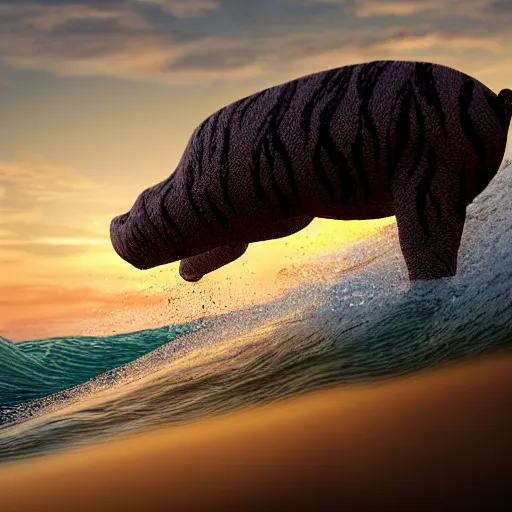 Prompt: a closeup photorealistic photograph of a cute smiling knitted tiger hippopotamus splashing in the waves at sunset. surf in background. professional capture. brightly lit scene. this 4 k hd image is trending on artstation, featured on behance, well - rendered, extra crisp, features intricate detail, epic composition and the style of unreal engine.