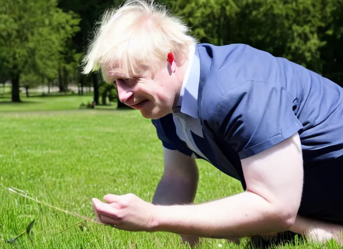Prompt: photo still of boris johnson touching grass, 8 k, sunny day in a park