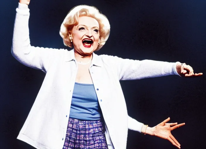 Image similar to publicity photo still of betty white as a gangsta rapper live on stage, 8 k, live concert lighting, mid shot
