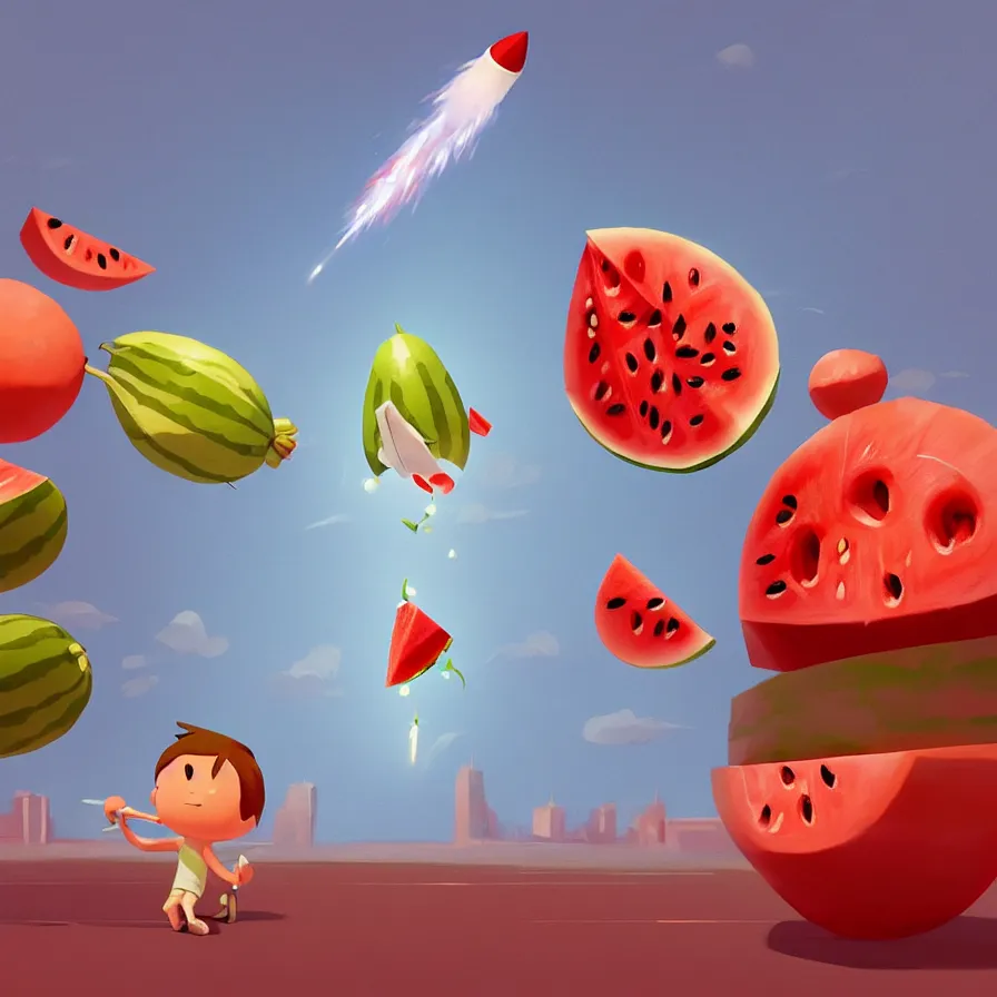 Image similar to Goro Fujita illustrating a rocket in the form of watermelon hitting the Red Square, art by Goro Fujita, sharp focus, highly detailed, ArtStation