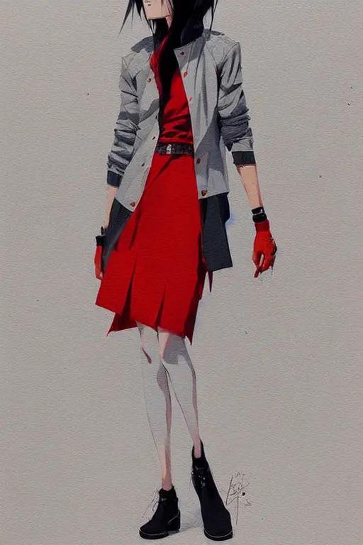 Image similar to a ultradetailed painting of a stylish woman wearing a grey jacket with red skirt, by conrad roset, greg rutkowski and makoto shinkai trending on artstation