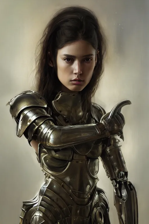 Image similar to a photorealistic painting of an attractive young girl, partially clothed in metal-plated battle armor, olive skin, long dark hair, beautiful bone structure, symmetrical face, perfect eyes, intricate, elegant, digital painting, concept art, illustration, sharp focus, minimal artifacts, from Metal Gear, in the style of Ruan Jia and Mandy Jurgens, by Greg Rutkowski, trending on Artstation, award winning