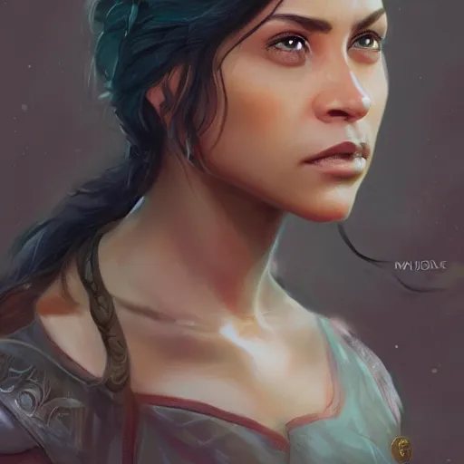 Image similar to beautiful, very strong, mixed race, female, middle aged, face, no makeup, head shot, fantasy, highly detailed, digital painting, artstation, concept art, smooth, sharp focus, illustration, art by jodie muir and brom