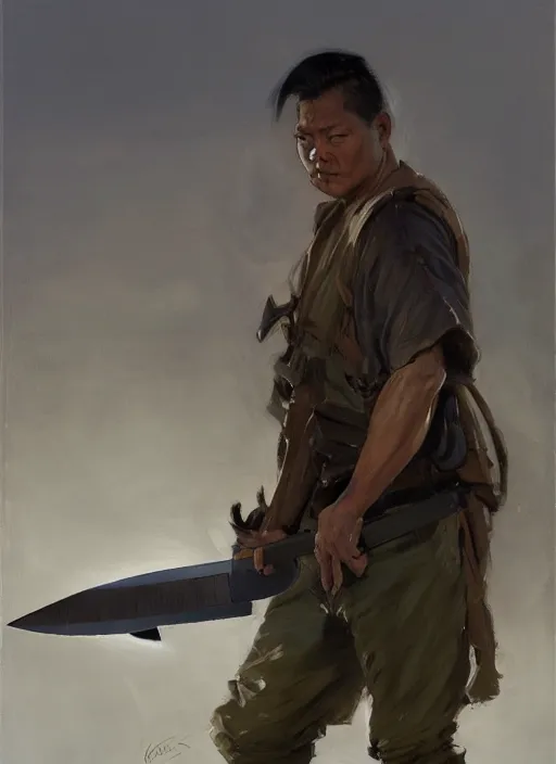 Image similar to greg manchess portrait of a filipino man holding a blade standing in front of a tank, asymmetrical, profile picture, organic painting, sunny day, matte painting, bold shapes, hard edges, street art, trending on artstation, by huang guangjian, gil elvgren, ruan jia, randy vargas, greg rutkowski