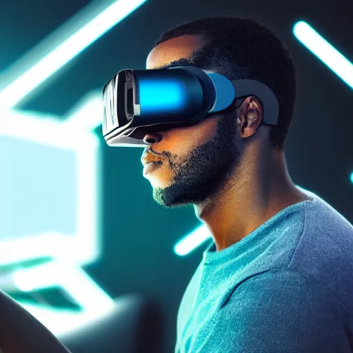 Prompt: dark skinned man wearing futuristic vr headset neon lights ambient light unity game ultra - realistic