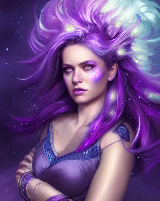 Image similar to epic portrait cinematic shot the galaxy goddess, flowing purple glittery hair, glowing purple eyes, an space robes, space backround, fine details. night setting. realistic shaded lighting poster by craig mullism, artgerm, jeremy lipkin and michael garmash, unreal engine, radiant light, detailed and intricate environment, digital art, trending on art station,