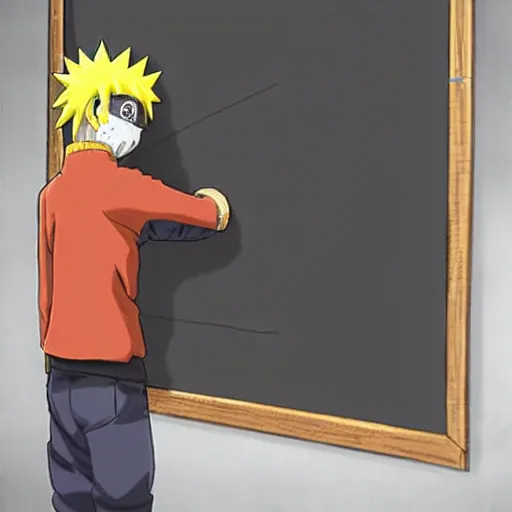 Image similar to Naruto solving quantum gravity on an blackboard, photograph, circa 2050