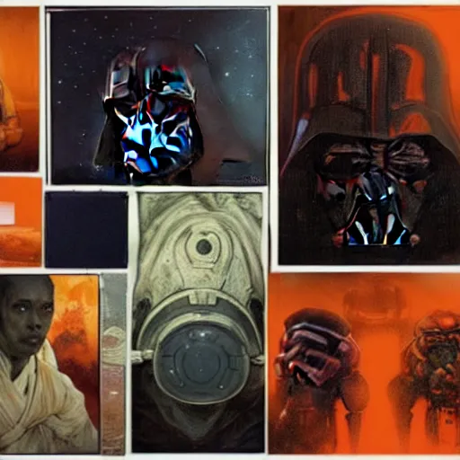 Prompt: Star Wars alien faces, the dark side, cinematography, Betty Jiang Alphonse Mucha, orange and white, orange light, desert temple, by jeremy mann painting, ultra detailed, hyper realistic, craig Mullins, Krenz Cushart, Star Wars alien faces, the dark side, emmanuel lubezki cinematography, orange and un white, orange light, desert temple, by jeremy mann painting, ultra detailed, hyper real, Nekro III, Nekro Borja