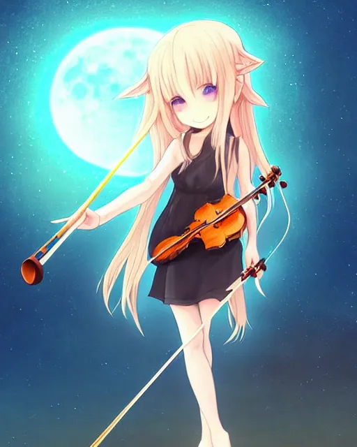 Image similar to chibi, cute, female, full body, elf girl with white skin and golden long wavy hair, holding a violin and playing a song, stunning art style, filters applied, lunar time, night sky, trending art, sharp focus, centered, landscape shot, fate zero, simple background, studio ghibly makoto shinkai yuji yamaguchi, by wlop