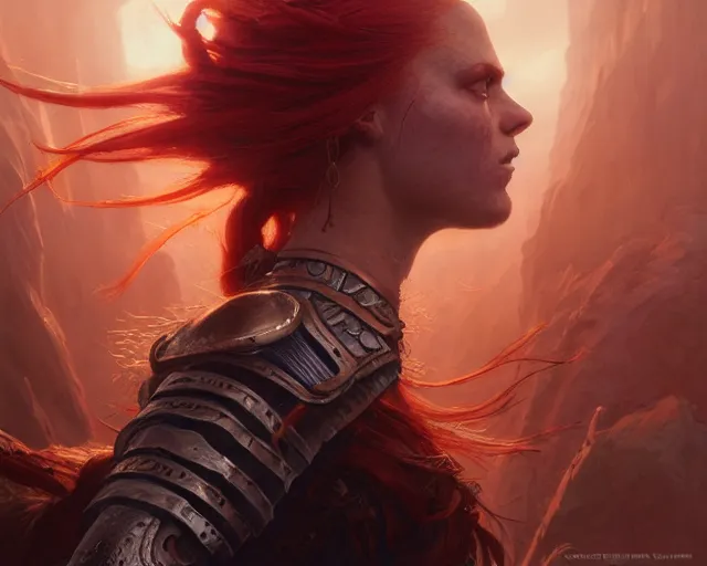 Image similar to highly detailed portrait of a warrior redhead woman, elden ring, stephen bliss, fantasy art by greg rutkowski, loish, rhads, ferdinand knab, makoto shinkai and lois van baarle, ilya kuvshinov, rossdraws, tom bagshaw, global illumination, radiant light, detailed and intricate environment