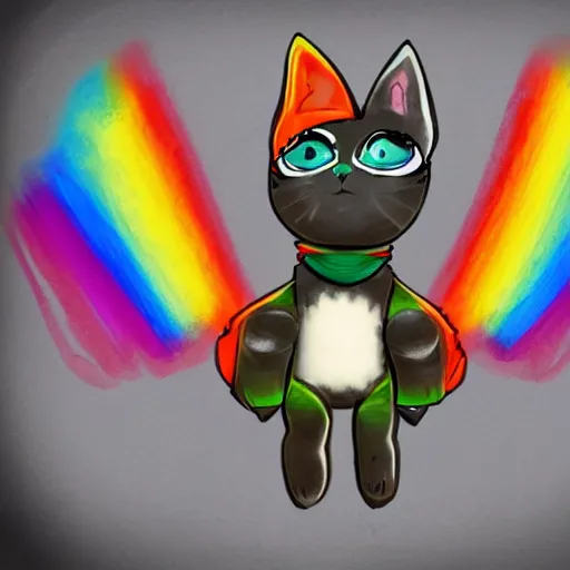 Image similar to wide angle full body, of a fluffy cute rainbow kitten wearing a black leather motorcycle jacket, concept art