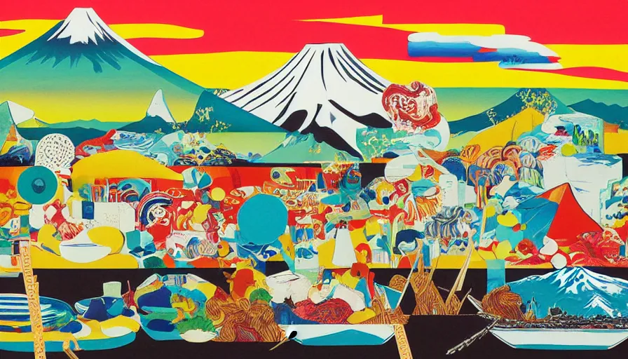 Prompt: award winning graphic design poster, cutouts constructing an contemporary art depicting a lone mount fuji in the distance behind a mountain range isolated on white, a ramen bowl full of rural splendor, bountiful crafts, local foods, edgy and eccentric abstract cubist realism, composition confined and isolated on white, mixed media painting by Leslie David and Lisa Frank for juxtapose magazine