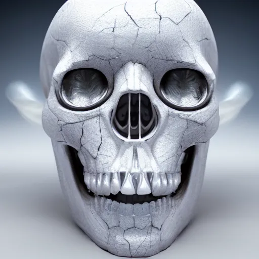 Prompt: white alien shiny crystal skull created by gems, environmental key art, octane render, weta digital, micro details, substance textures, ray trace 8 k, photorealistic, chrome, dslr, unreal