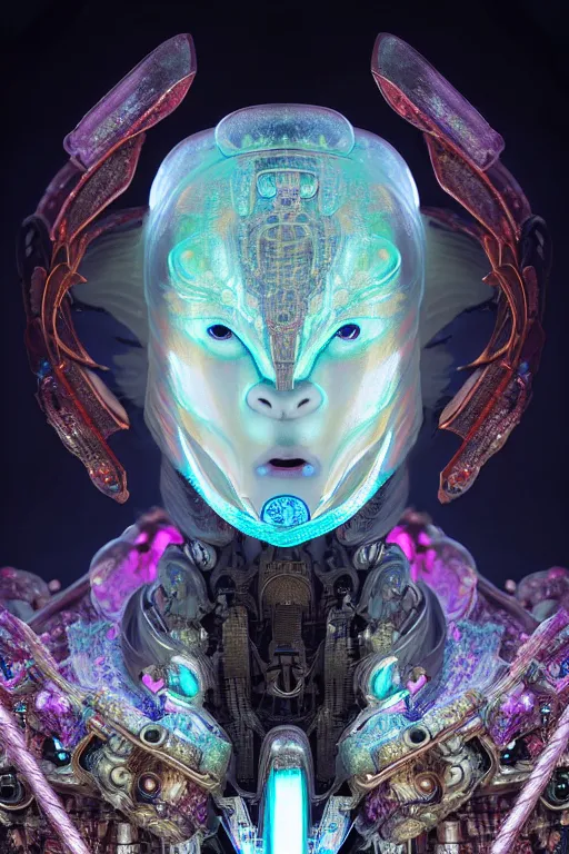 Image similar to asura from chinese myth, ghost, gorgeous and huge head ornaments, dystopian, cyberpunk, organic fractal mycelum and fungi, mecha, halfturn portrait of a big crystal face made of crystals half - turn, ominous, intricate, studio, art by anthony macbain + greg rutkowski + alphonse mucha, concept art, 4 k, sharp focus