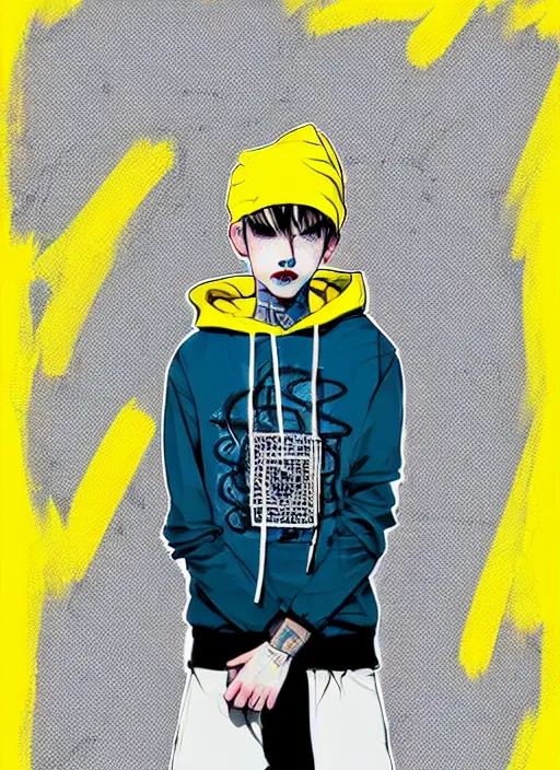 Image similar to highly detailed portrait of basketball boy punk student, blue eyes, tartan hoody, hat, white hair by atey ghailan, by greg tocchini, by kaethe butcher, gradient yellow, black, brown and cyan color scheme, grunge aesthetic!!! ( ( graffiti tag wall flat colour background ) )