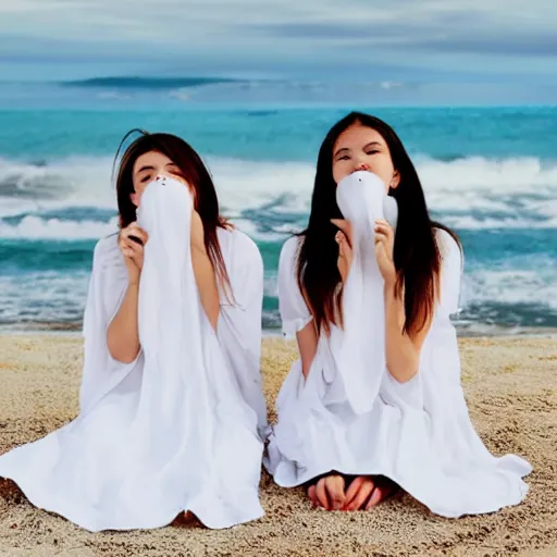 Image similar to two young ghost women wearing white dresses sitting on a blanket at a beach