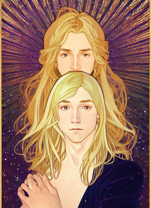 Prompt: pretty young man with shoulder length shiny sparkly golden blond hair, path traced, highly detailed, high quality, digital painting, by studio ghibli and alphonse mucha, leesha hannigan, disney