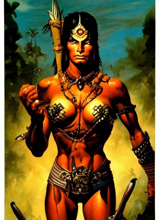 Image similar to a highly detailed symmetrical painting of a female amazon warrior with piercing beautiful eyes in dark tomb setting, dynamic lighting, ambient lighting, deviantart, art by frank frazetta and glenn fabry