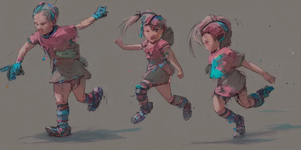 Image similar to cartoonish little girl running, vivid colors, character sheet, fine details, concept design, contrast, kim jung gi, greg rutkowski, trending on artstation, 8 k, full body, turnaround, front view, back view, ultra wide angle