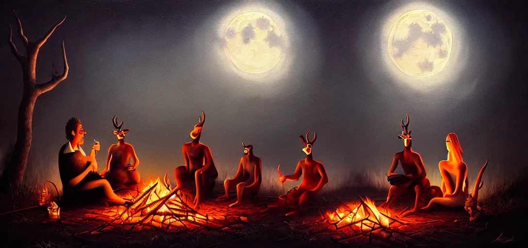 Image similar to strange mythical beasts of sitting around a fire under a full moon, surreal dark uncanny painting by ronny khalil