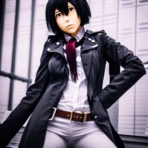 Prompt: model photoshoot of mikasa ackerman from the anime'shingeki no kyojin ', 3 5 mm lens, 4 k / 8 k, award - winning