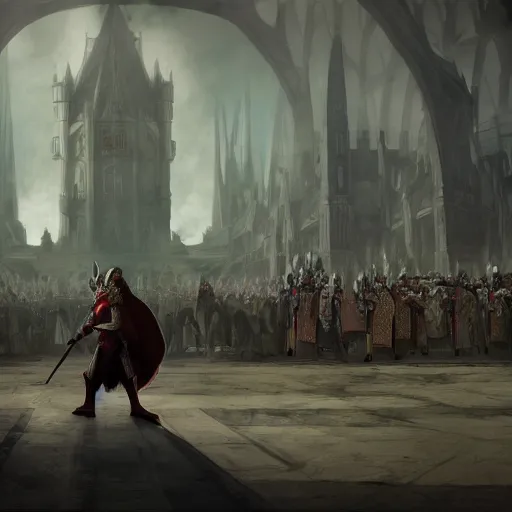 Prompt: medium shot of a king walking with a powerful stride in his palace as worried courtiers gather around him, high fantasy, matte painting, trending on ArtStation