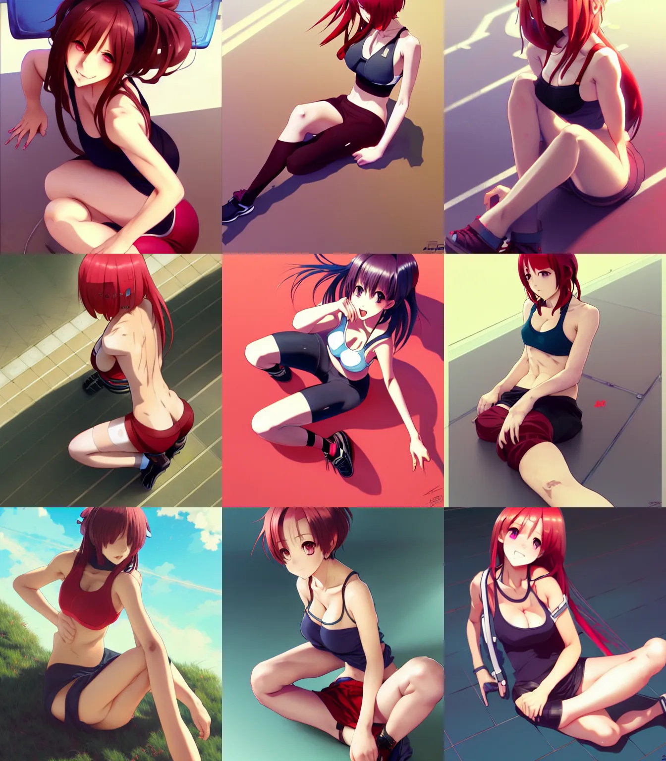 Prompt: hot anime girl sitting at the ground, view from above, sport bra and shirt, shorts, hourglass slim figure, juicy legs, red hair and attractive features, seductive smile, highly detailed, digital painting, artstation, kyoani, concept art, sharp focus, illustration, art by artgerm and greg rutkowski and alphonse mucha