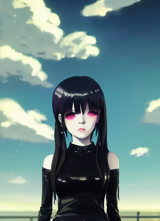 Prompt: portrait of cute goth girl in latex clothes, cloudy sky background lush landscape illustration concept art anime key visual trending pixiv fanbox by wlop and greg rutkowski and makoto shinkai and studio ghibli and kioto animation