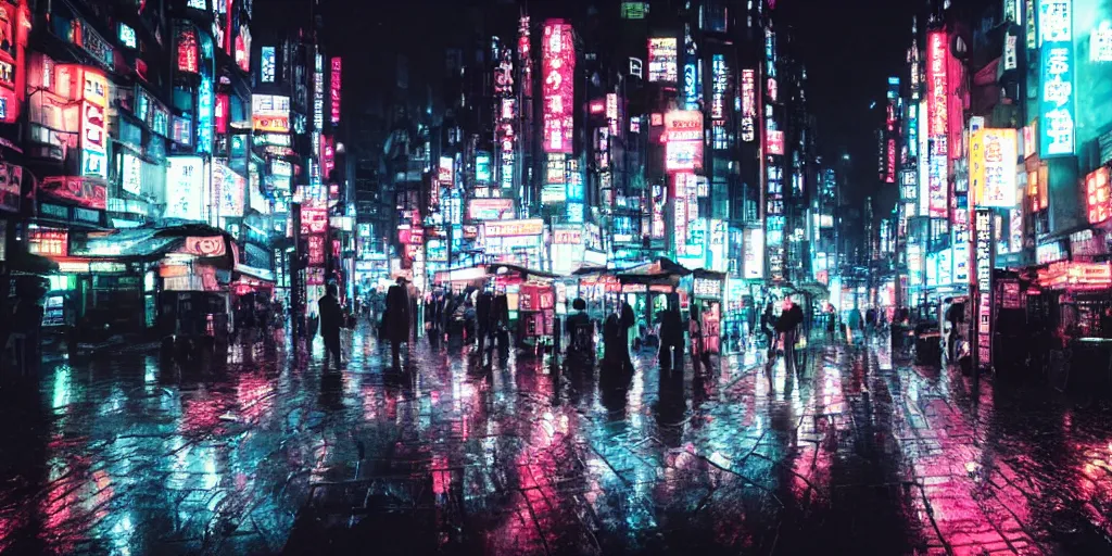 Prompt: underground dystopian city, Neo-Tokyo, at night, rain