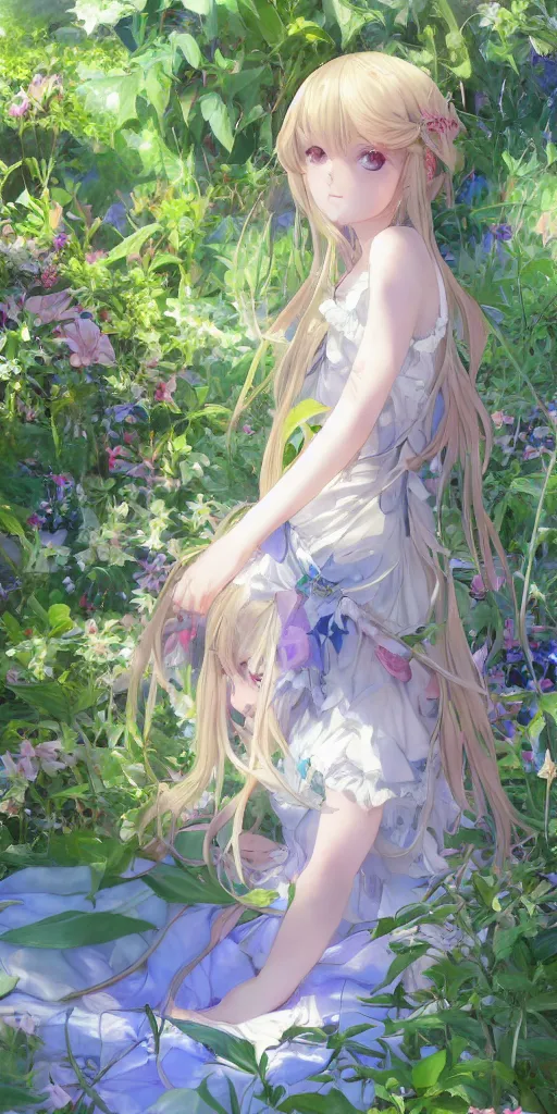 Image similar to a digital art of a loli with long hair in a dress in the privet garden at after noon, green and blue and warm theme, back lighting, highly detailed, 4 k resolution, trending on art station, elegant, depressed, by krenz cushart and mucha and akihito yoshida and greg rutkowski and makoto shinkai