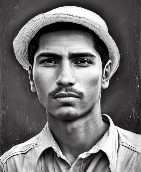 Image similar to heroic portrait of a handsome young mexican farmer, art by denys tsiperko and bogdan rezunenko, hyperrealism