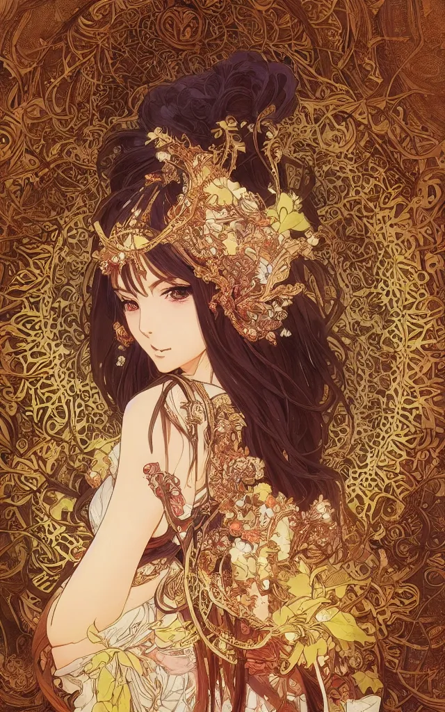 Image similar to anime key visual of amora the enchantress wearing intricate ornate kimono!! intricate, brown skin, magical forest, stunning, highly detailed, digital painting, artstation, smooth, hard focus, illustration, art by artgerm and greg rutkowski and alphonse mucha