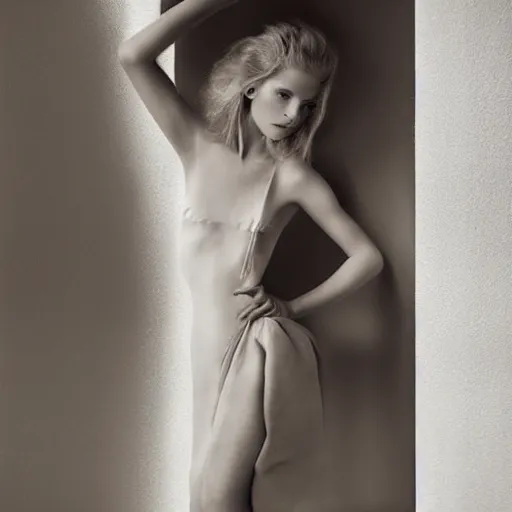 Prompt: delicate, semi transparant, high couture dress, super model, warm light, studio setting by marc lagrange