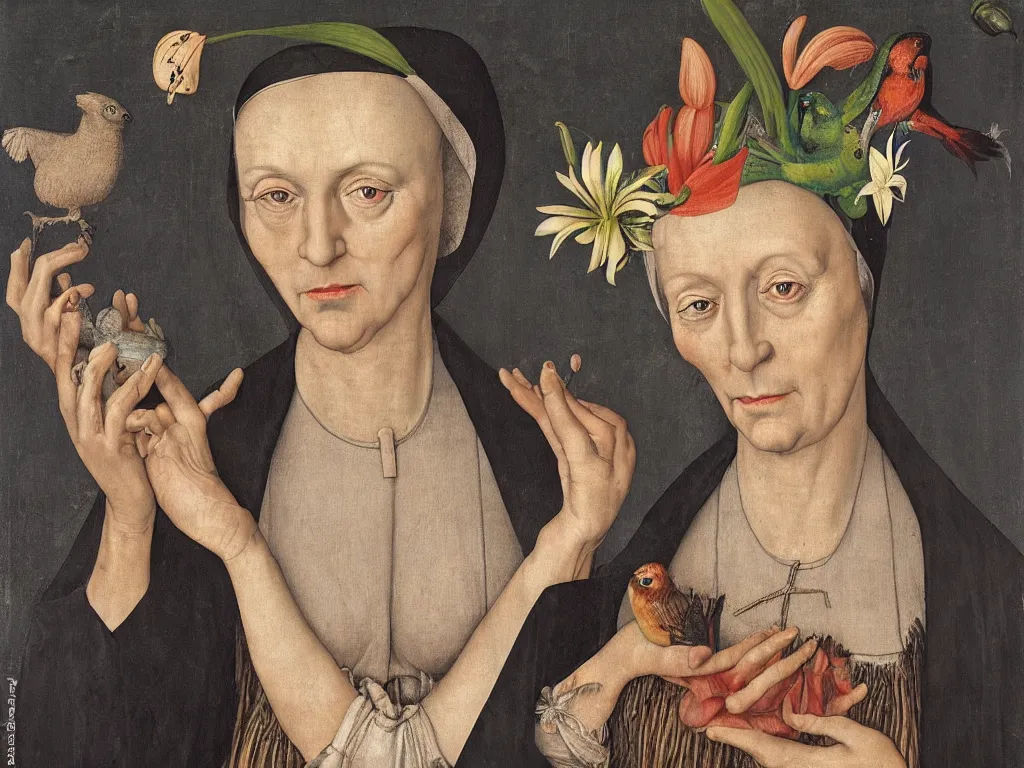 Image similar to Woman staring, expressive, wrinkled, dressed as a nun, holding a paradise bird and a lily flower. Colorful portrait by Lucas Cranach, Roger Ballen