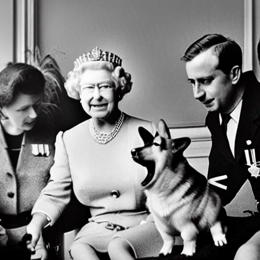 Image similar to historical photo of queen elizabeth and her corgis defeating the nazis, natural sunlight, sharp focus, highly detailed