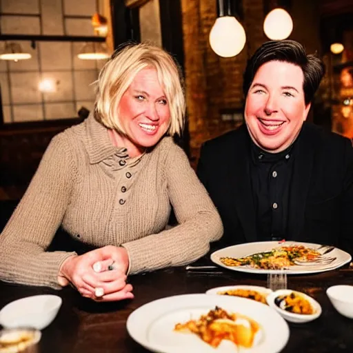 Image similar to portait of michael mcintyre and middle aged blonde woman with short hair and a blonde woman with long hair having dinner at sunday in brooklyn restaurant, greg rutkowsk