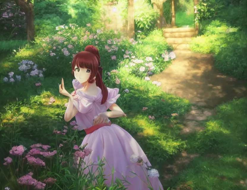 Prompt: unattractive princess in the garden. oil painting by award - winning mangaka. backlighting, chiaroscuro, depth of field, luminescent colors.