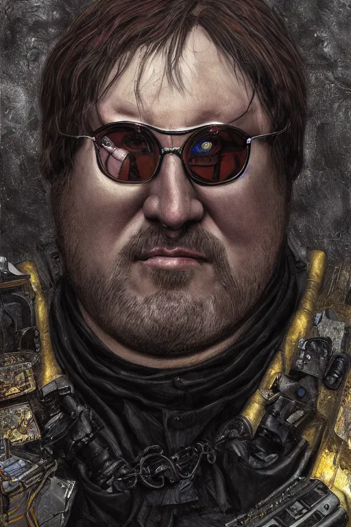 Image similar to portrait of gothic Gabe Newell, cyberpunk, Warhammer, highly detailed, artstation, illustration, art by Gustav Klimt