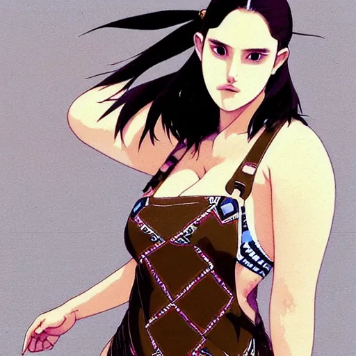 Image similar to a beautiful plus sized model japanese natalie portman, alluring plus sized model with brown skin, wearing mayan leotard with overalls, street fashion hip hop style with mayan patterns, aztec street fashion, gapmoe yandere grimdark, trending on pixiv fanbox, painted by greg rutkowski makoto shinkai takashi takeuchi studio ghibli, akihiko yoshida