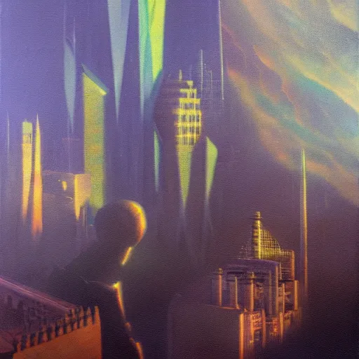 Prompt: futuristic cyberpunk gormenghast, volumetric light, oil on canvas