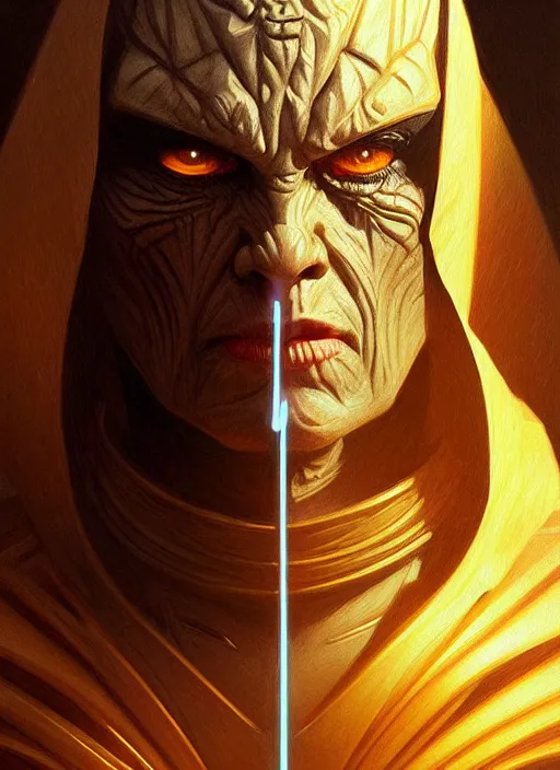 Image similar to portrait of an evil sith-lord, human face, evil yellow eyes, enraged, angry, dark evil robes, intricate, elegant, highly detailed, digital painting, artstation, concept art, smooth, sharp focus, illustration, art by artgerm and greg rutkowski and alphonse mucha