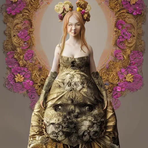 Image similar to 8k, octane render, realism, tonalism, renaissance, rococo, baroque, portrait of a young lady wearing long harajuku manga dress with flowers and skulls, background chaotic gold leaf flowers