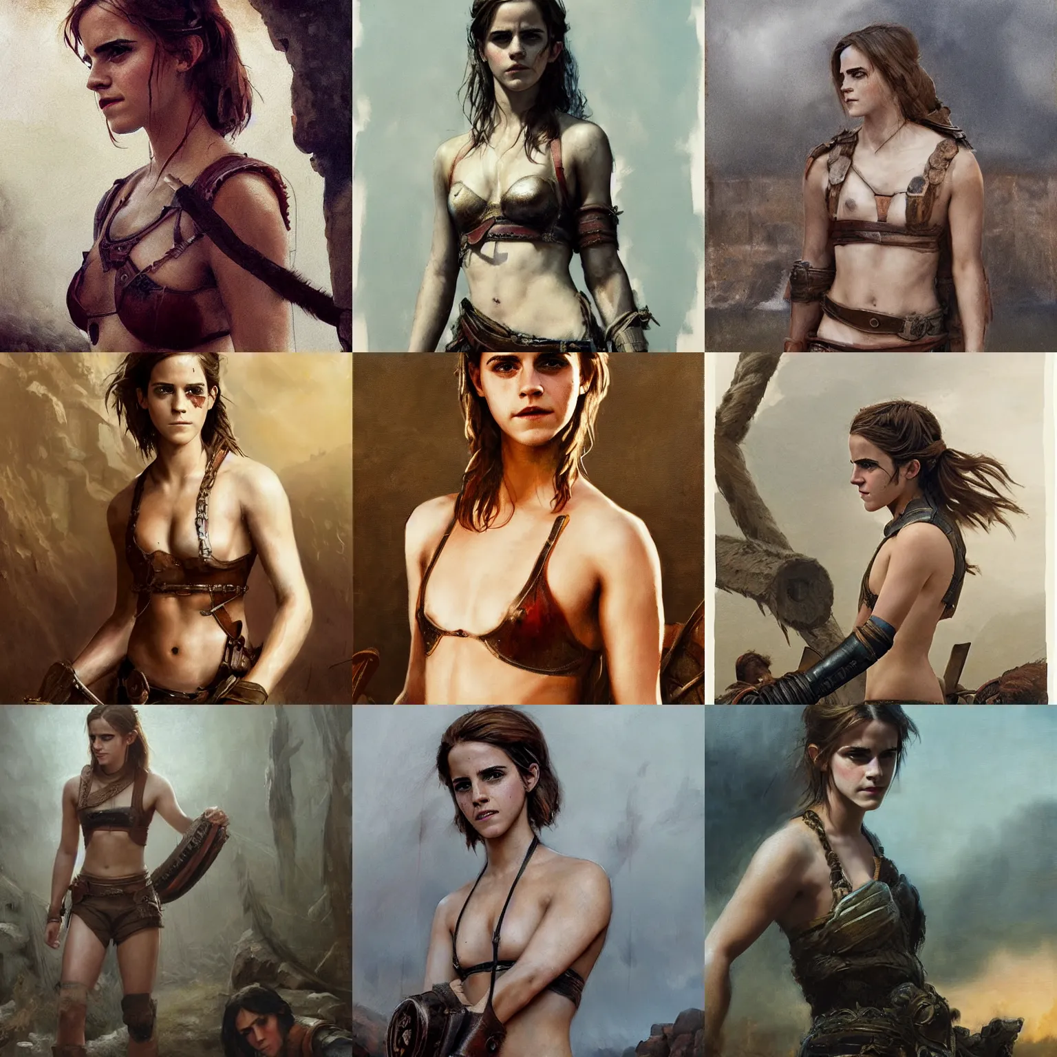 Prompt: emma watson as ancient gaul warrior leather bra painting by james gurney greg rutkowski canon eos r 3
